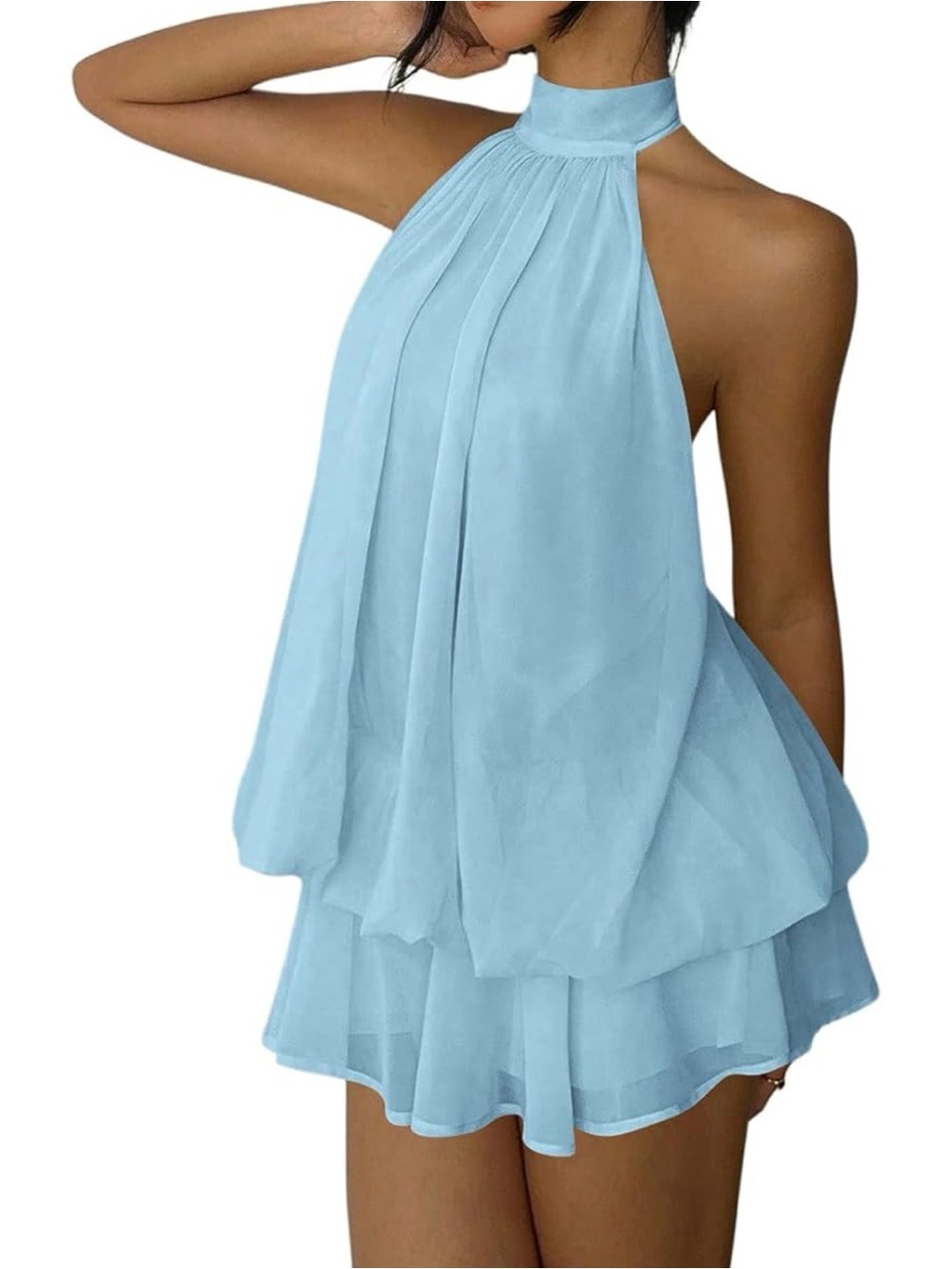Light Blue High Neck Halter Top Romper Dress